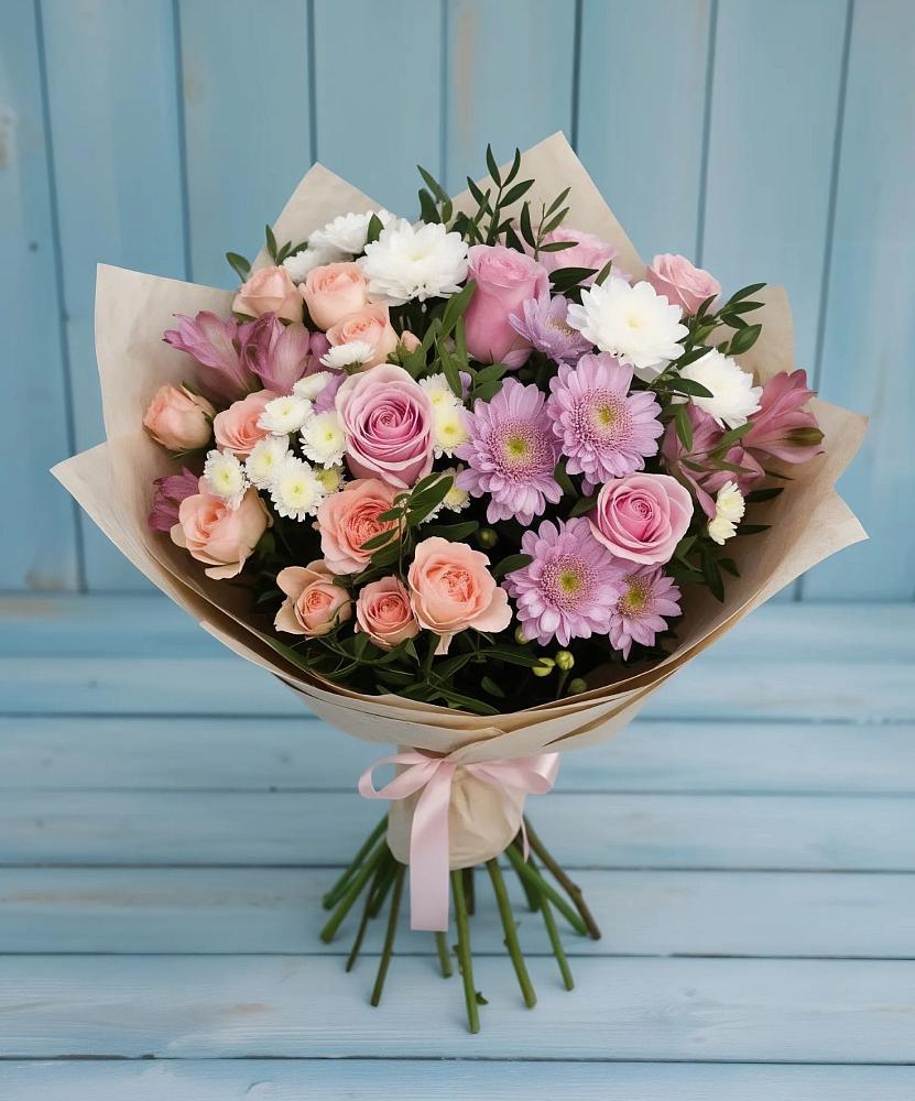 Букет цветов из: Хризантемы, Розы и Альстромерии в Кобылках