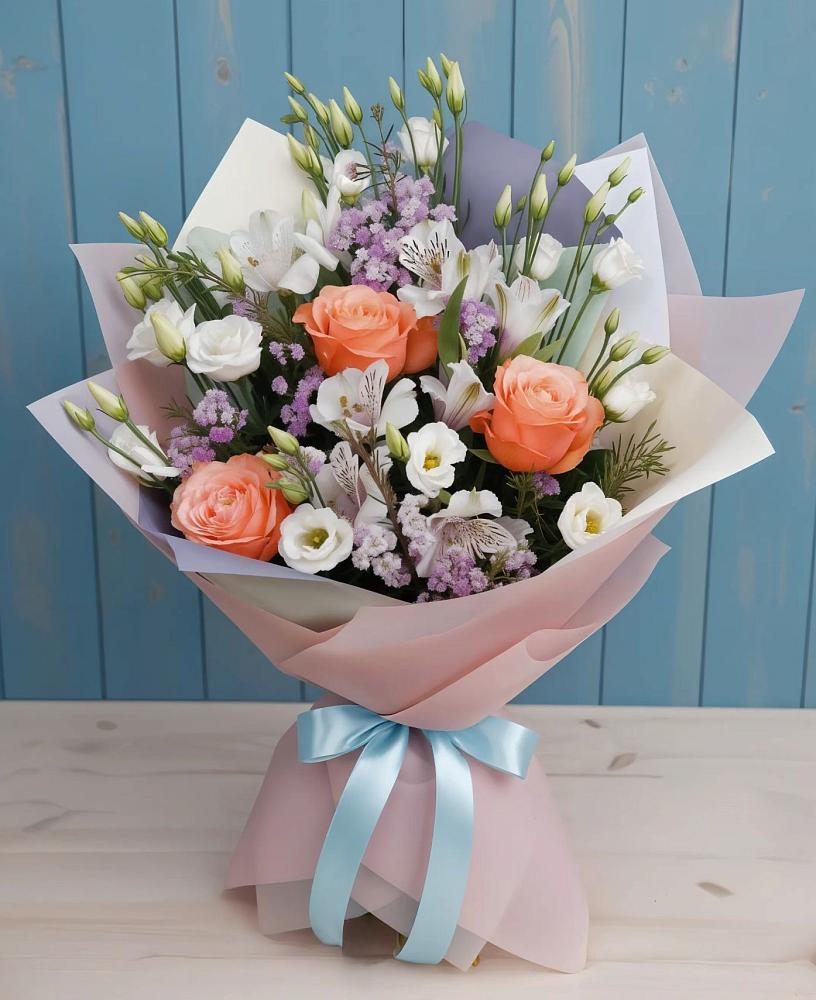 Букет цветов из: Лизиантусы, Розы, Альстромерии и Гипсофила в Кобылках