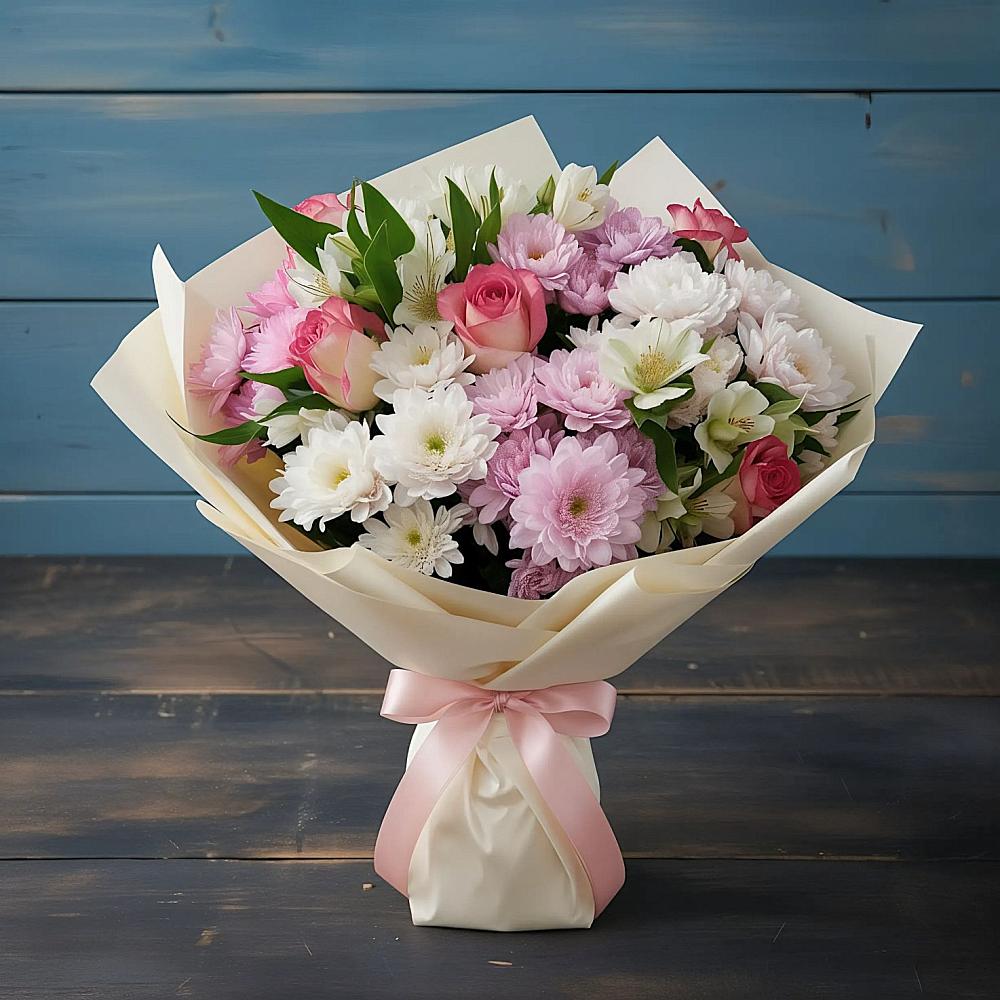 Букет цветов из: Хризантемы, Альстромерии и Розы в Кобылках